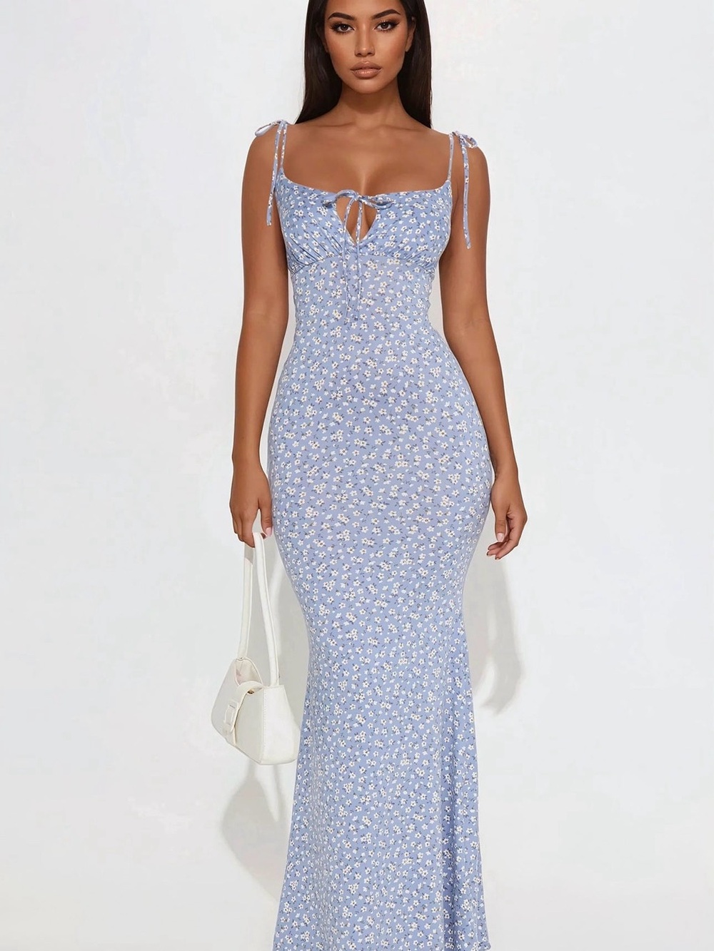 Fashion Nova Light Blue Ditsy Floral Tie-Front Maxi Dress